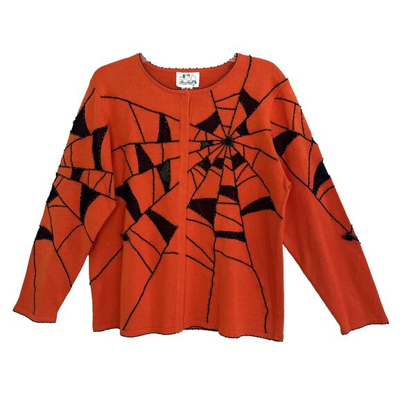 Quacker Factory Halloween Beaded Spiderweb Cardigan Womens Sz L Orange Black NEW - Picture 2 of 16